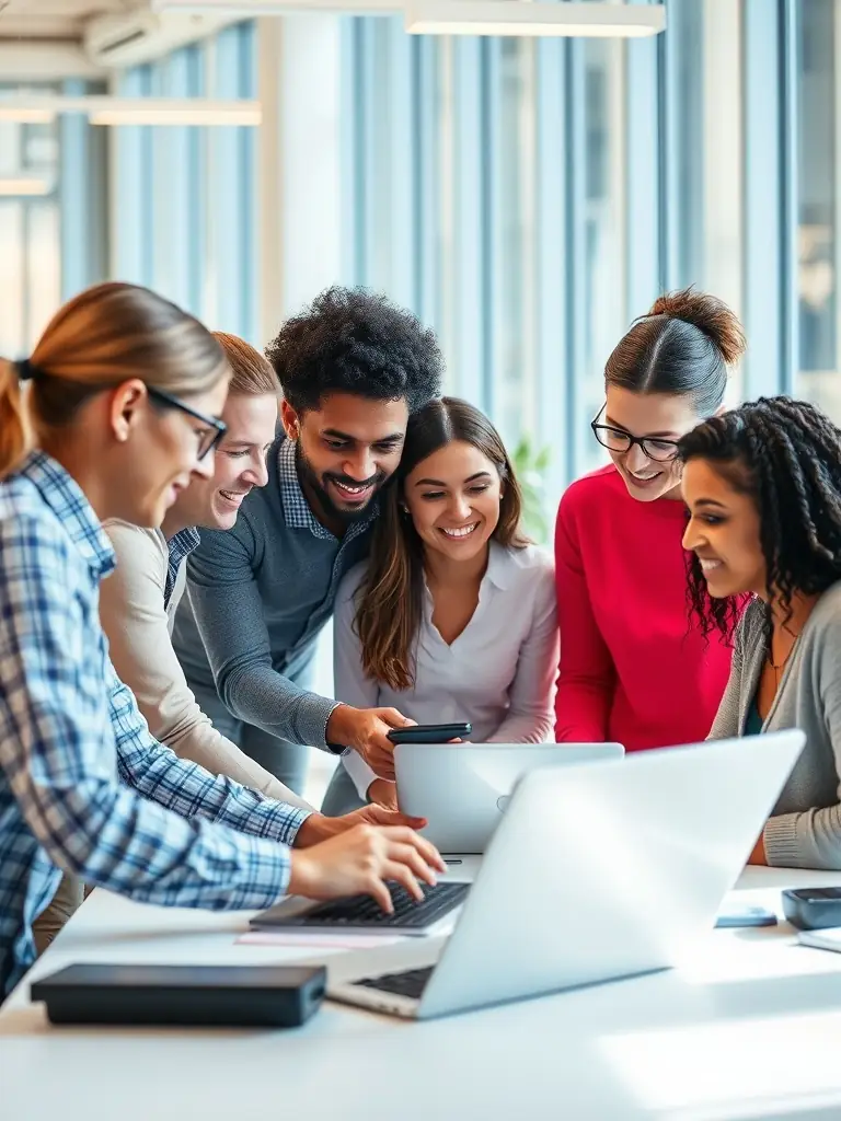 A photograph of a diverse team of engineers and executives collaborating in a modern office setting, representing Northern Atlantic Energy's international partnerships.