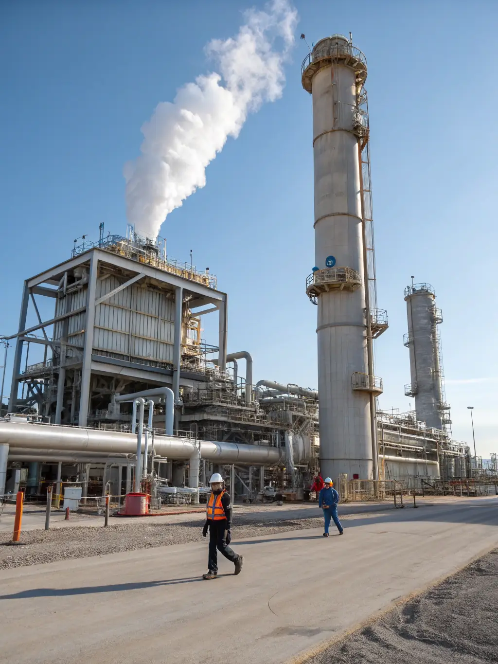 An aerial view of a natural gas processing plant with visible safety measures and environmental protection systems in place, emphasizing responsible operations.