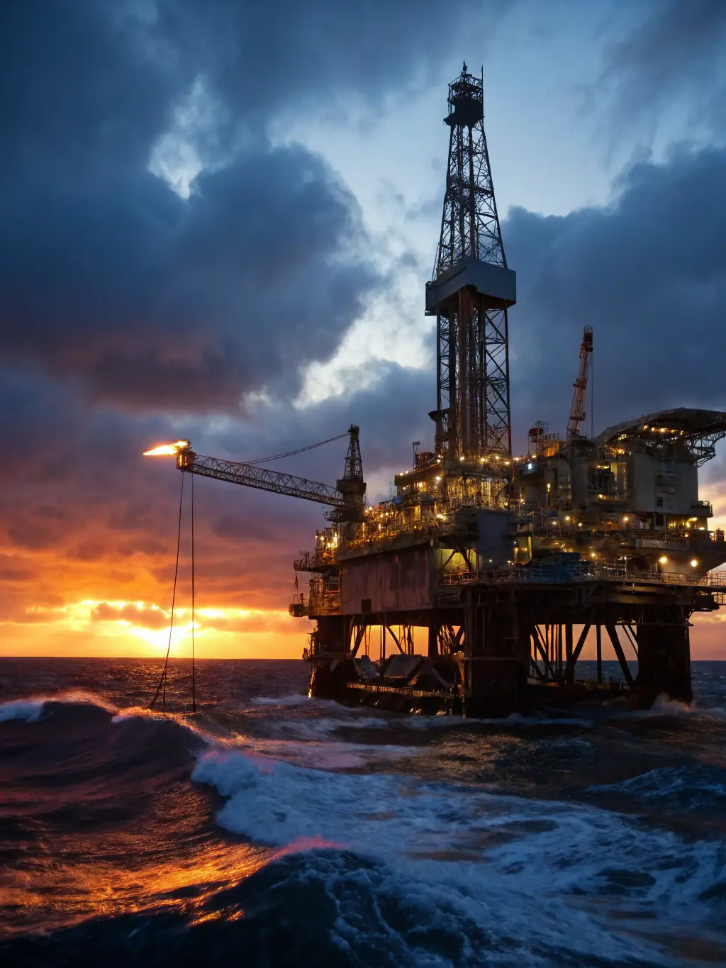 A high-angle photograph of an offshore oil rig at sunrise, showcasing advanced drilling technology and the vastness of the ocean. The image should convey a sense of power and precision.
