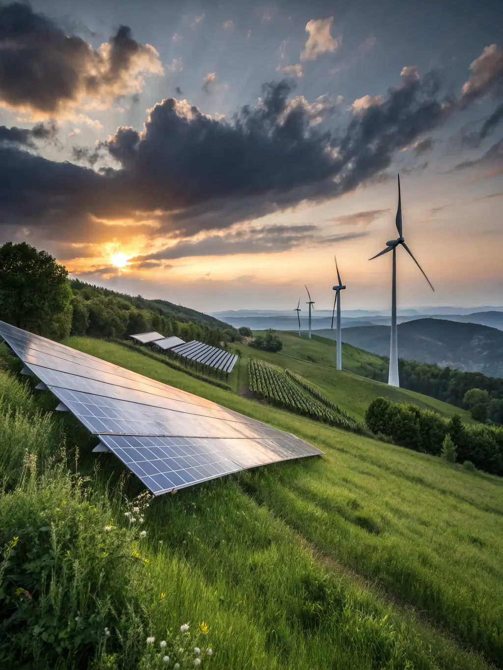 A futuristic rendering of a smart power grid with wind turbines and solar panels, symbolizing Northern Atlantic Energy's forward-looking solutions.